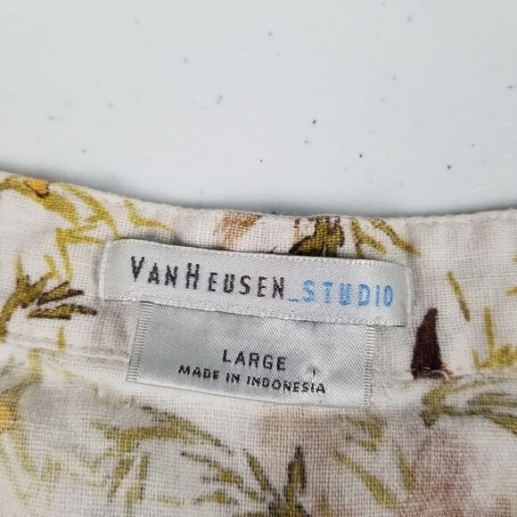Van Heusen Cream Brown Green Yellow Floral Linen Blend Vintage Top Shirt Large - Picture 5 of 6